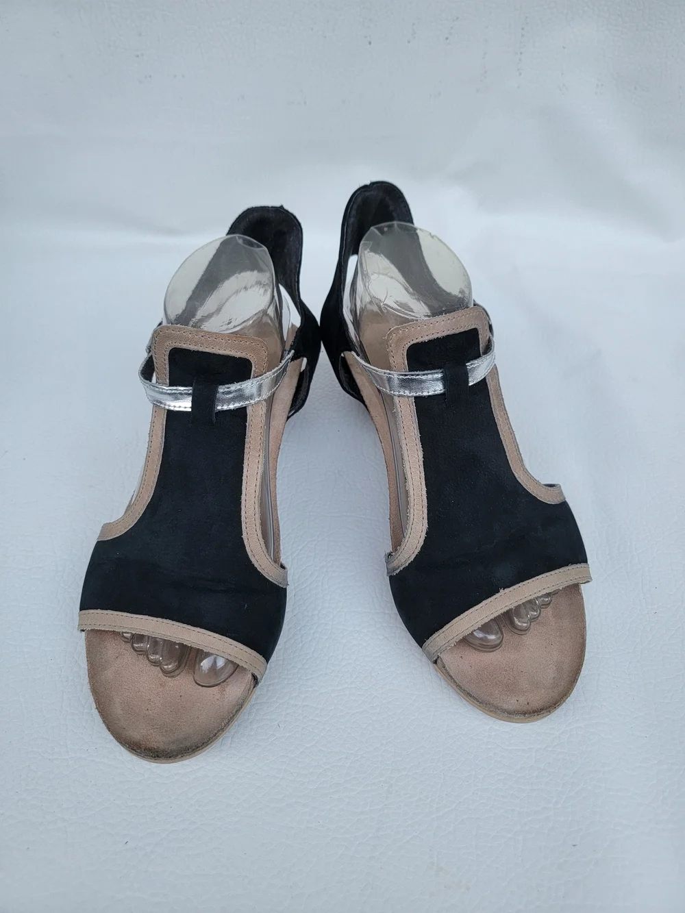 Naot Black and Beige Suede T-Strap Wedge Sandals